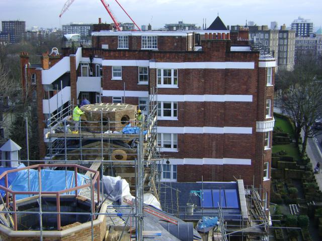 Land survey, floor plans and context elevations of apartment building in St Johns Wood